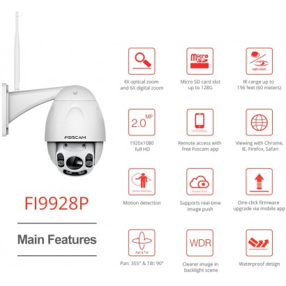 Foscam Fi9928P Caméra Ip Wifi Extérieure Motorisée Caméra HD - FOSFI9928P - Destockage